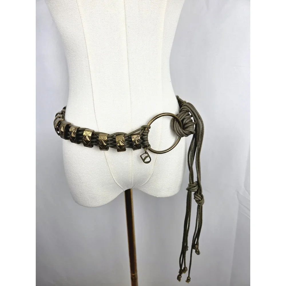 Unbranded Rope Cord Belt OS Olive Green Brass Boho Tribal Multi Strand Tie Wrap